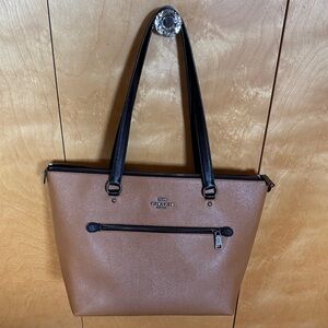 Coach Brown Tote with Black Handles and Front Zip